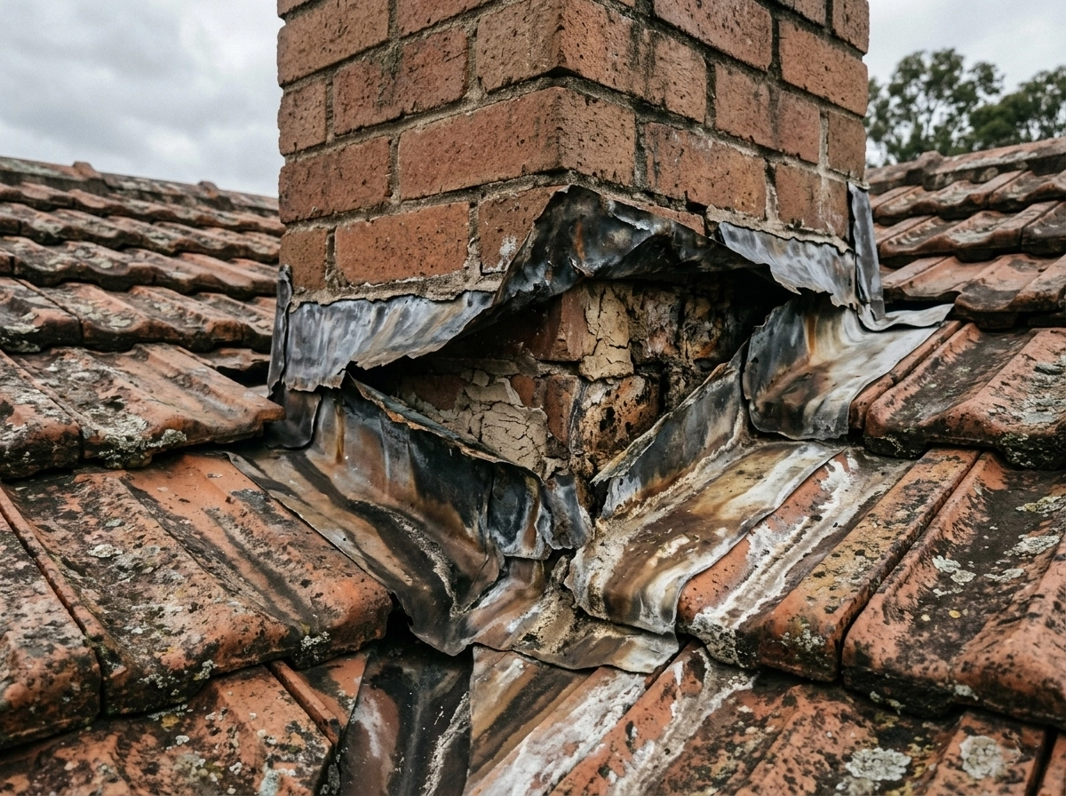 Failed chimney flashing causing active roof leak_Before Fix